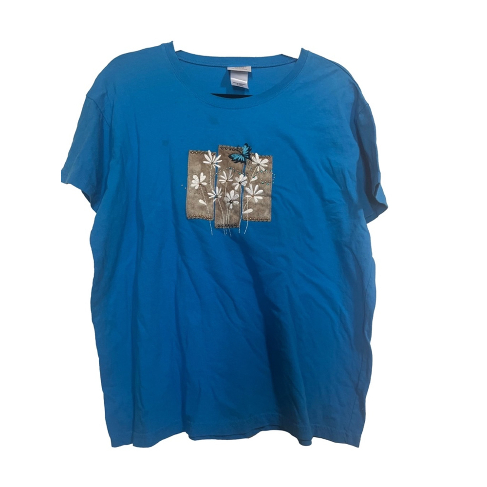 Women's Pleasant Shade T-Shirt XL Blue Floral and Butterflies